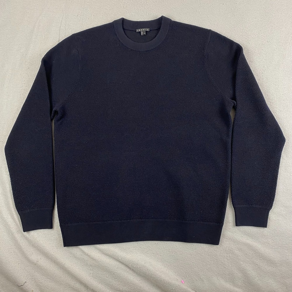Theory mens Wool Crew Neck Sweater Large textured Blue knit